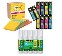 Post-it Super Sticky Notes 6 Pads + Post-it Index Flags 10 Pads + Scotch Glue Stick 5 Pack - Colourful Home, School and Office Stationery Set for Notes, Marking, Highlighting and Craft Projects