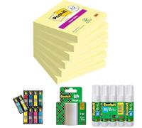 Post-it Super Sticky Notes 6 Pads + Scotch Magic Tape 3 Rolls + Scotch Glue Stick 5 Pack + Post-it Index Flags 10 Pads - Home, School and Office Stationery Bundle for Notes, Labelling, Repair