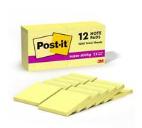 Post-it Super Sticky Notes, Double The Sticking Power, 12 Pads, 1080 Sheets, 76 mm x 76 mm, Canary Yellow - Self-Sticking Notes for Walls, Monitors and Fridge