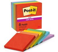 Post-it Super Sticky Notes, Double The Sticking Power, 6 Pads, 540 Sheets, 76 mm x 76 mm, Blue, Green, Orange, Purple, Red, Yellow Colors - Self-Sticking Notes for Walls, Monitors and Fridge