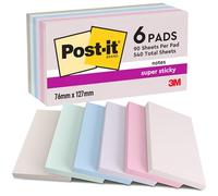 Post-it Super Sticky Notes Soulful Color Collection, Pack of 6 Pads, 90 Sheets per Pad, 76 mm x 127 mm, Pink, Purple, Green, Grey, Blue - Extra Sticky Notes for Note Taking, to Do Lists & Reminders