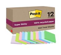 Post-it Super Sticky 100% Recycled Notes – 47.6 x 47.6 mm, 70 sheets, Assorted Pack of 12