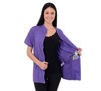 Post Mastectomy Shirt Band Collar Button Down Blouse with Drain Pockets Drainage Management, Purple, L