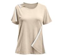 Post Shoulder Surgery Shirts for Women- Short Sleeve-Full Snap-Open Arm Shoulder Recovery Clothing Chemo Clothing, Beige, L