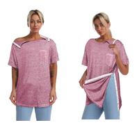 Post Shoulder Surgery Shirts for Women Unisex Snap Tear Away Shirt for Men Short Sleeve Chemo Port Access Adaptive Clothing, Red, Medium