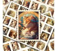 Post Stamps Stickers Set ~ Art Nouveau Cat Stamp Collection Featuring Elegant and Stylized Feline Portraits with Floral Motifs ~ FLONZ Vintage Decals for Craft