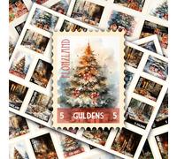 Post Stamps Stickers Set ~ Beautiful Christmas Trees with Charming Decorations and Presents Snowy Winter Wonderlands~ FLONZ Vintage Decals for Craft