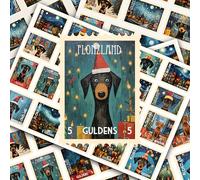 Post Stamps Stickers Set ~ Cute Quirky Cartoon Christmas Dogs with Presents and Gifts Winter Backgrounds ~ FLONZ Vintage Decals for Craft