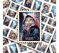 Post Stamps Stickers Set ~ Snowy Streets: Cute Cats in Cozy Hoodies Exploring The Charming Winter Cityscapes ~ FLONZ Vintage Decals for Craft