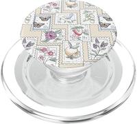 Postage Stamp Pattern Flower Butterfly Strawberry on Beige PopSockets PopGrip for MagSafe