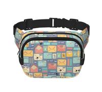 Postal Stationery Print Unisex Square Double Layer Waist Bag Trendy Crossbody Fanny Pack Travel Workouts, Black, One Size