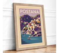 Postana Coastal Escape Vintage Framed Wall Art Print A1 (84.1×59.4cm) Oak, Wall Decor for Living Room, Bedroom, Office & Home, Ready to Hang, Art Gift