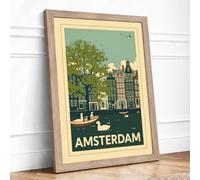Postcard from Amsterdam Vintage Framed Wall Art Print A2 (59.4×42cm) Oak, Wall Decor for Living Room, Bedroom, Office & Home, Ready to Hang, Art Gift