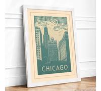 Postcard from Chicago Art Deco Framed Wall Art Print A2 (59.4×42cm) White, Wall Decor for Living Room, Bedroom, Office & Home, Ready to Hang, Art Gift