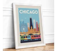Postcard from Chicago Vintage Framed Wall Art Print A1 (84.1×59.4cm) White, Wall Decor for Living Room, Bedroom, Office & Home, Ready to Hang, Art Gift