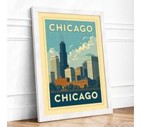 Postcard from Chicago Vintage Framed Wall Art Print A1 (84.1×59.4cm) White, Wall Decor for Living Room, Bedroom, Office & Home, Ready to Hang, Art Gift