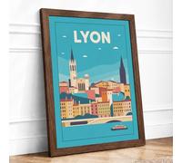 Postcard from Lyon Retro Framed Wall Art Print A3 (42×29.7cm) Walnut, Wall Decor for Living Room, Bedroom, Office & Home, Ready to Hang, Art Gift
