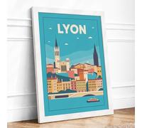 Postcard from Lyon Retro Framed Wall Art Print A3 (42×29.7cm) White, Wall Decor for Living Room, Bedroom, Office & Home, Ready to Hang, Art Gift