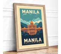 Postcard from Manila Vintage Framed Wall Art Print A1 (84.1×59.4cm) Oak, Wall Decor for Living Room, Bedroom, Office & Home, Ready to Hang, Art Gift