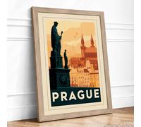 Postcard from Prague Vintage Framed Wall Art Print A1 (84.1×59.4cm) Oak, Wall Decor for Living Room, Bedroom, Office & Home, Ready to Hang, Art Gift