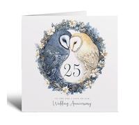 Postcard Prints - 25th Wedding Anniversary Card - Pretty Owl Design - Silver Anniversary Greeting - Blue Square 5.5 Inch - 1 Card