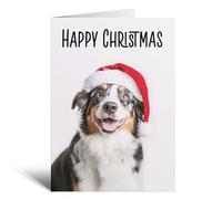 Postcard Prints - Fun Christmas Card of a Australian Shepherd Dog Wearing A Santa Hat Whimsical Christmas Card For Animal Lover For Him or Her