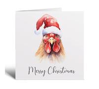 Postcard Prints - Fun Christmas Card of a Chicken Wearing A Santa Hat Whimsical Watercolour Christmas Card For Animal Lover For Him or Her