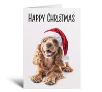 Postcard Prints - Fun Christmas Card of a Red Cocker Spaniel Dog Wearing A Santa Hat Whimsical Christmas Card For Animal Lover For Him or Her - 5 Cards