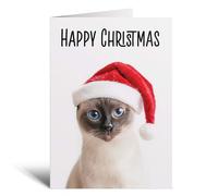 Postcard Prints - Fun Christmas Card of a Siamese Cat Wearing A Santa Hat Whimsical Christmas Card For Animal Lover For Him or Her