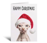 Postcard Prints - Fun Christmas Card of a Sphynx Cat Wearing A Santa Hat Whimsical Christmas Card For Animal Lover For Him or Her