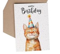 Postcard Prints - Ginger Cat Birthday Card for Him or Her - Whimsical Cat Illustration - 5 x 7 Inch - 300gsm Matte Finish - 1 Card