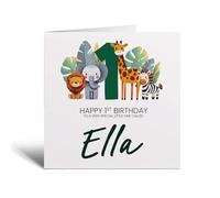 Postcard Prints - Perosnalised 1st Birthday Card with Fun Safari Animals for Boy or Girl - 300gsm Matte Finish - Square 5.5x5.5 Inch - 1 Card