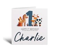 Postcard Prints - Personalised 1st Birthday Card with Fun Farm Animals for Boy or Girl - White Square 5.5 Inch - 300gsm Matte Finish - 1 Card