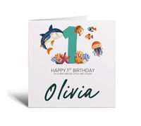 Postcard Prints - Personalised 1st Birthday Card with Fun Sealife Animals for Boys and Girls - Square 5.5x5.5 Inch - White - 300gsm Matte Finish - Includes Brown Kraft Envelope