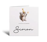 Postcard Prints - Personalised Birthday Card For Him or Her - Squirrel With Custom Name - White Square 5.5 Inch - 300gsm Matte Finish - Includes Brown Kraft Envelope