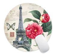 Postcard with Tower and Flowers Round Mouse Pad, Natural Plants Gaming Mouse Mat for Design, Non-Slip Rubber Base Mousepad, Waterproof Office Mouse Pads