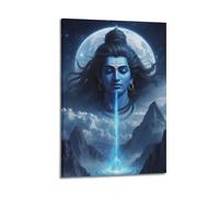 Poster Frame Canvas Wall Art Prints for Home Decor - Hinduism Poster Cosmic Shiva with Flowing River of Energy, Under A Full Moon And Starry Sky, Overlooking Mountains 08x12inch(20x30cm) Picture Frame
