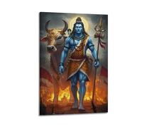 Poster Frame Canvas Wall Art Prints for Home Decor - Hinduism Poster Majestic Shiva with Nandi, Walking Through A Battle Like Scene with Fire And Flags, Exuding Strength 08x12inch(20x30cm) Picture Fra