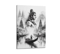 Poster Frame Canvas Wall Art Prints for Home Decor - Hinduism Poster Monochromatic Shiva in A Revered Setting with Temples And River, in A Spiritual And Artistic Style 24x36inch(60x90cm) Picture Frame
