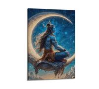 Poster Frame Canvas Wall Art Prints for Home Decor - Hinduism Poster Serene Shiva Meditating on A Crescent Moon, Set Against A Starry Celestial Background 16x24inch(40x60cm) Picture Frame Artwork