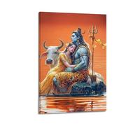 Poster Frame Canvas Wall Art Prints for Home Decor - Hinduism Poster Shiva And Parvati in An Intimate Embrace, with Nandi The Bull, Against An Orange Hued Sky 24x36inch(60x90cm) Picture Frame Artwork
