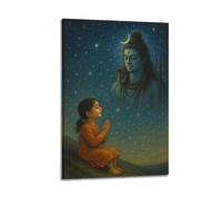 Poster Frame Canvas Wall Art Prints for Home Decor - Hinduism Poster Shiva Appearing to A Child in Prayer, Under A Starry Night Sky, Evoking A Sense of Devotion And Protection 20x30inch(50x75cm) Pictu