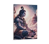 Poster Frame Canvas Wall Art Prints for Home Decor - Hinduism Poster Shiva in Meditation, with Leopard Skin And Snake, Set Against A Mountainous, Star Lit Background 24x36inch(60x90cm) Picture Frame A