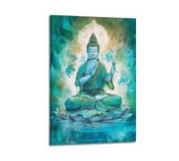 Poster Frame Canvas Wall Art Prints for Kitchen Decor - Buddhist Posters Turquoise Buddha in Serene Pose with Mystical Elements in Greenish Blue Background 20x30inch(50x75cm) Picture Frame Artwork