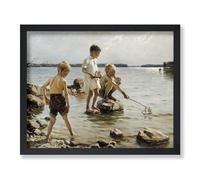 Poster Master Vintage Children Print - Retro Boys Playing on the Shore Painting Poster - Coastal & Sailboat Art - Aesthetic Kid's Room or Beach House Decor - 8x10 UNFRAMED Wall Art