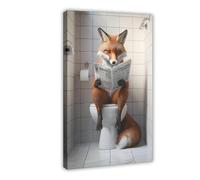 Poster of A Fox Reading A Newspaper on A Toilet Funny Bathroom Decorations