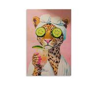Poster of A Leopard Making A Facial Mask And Enjoying A Cold Drink Poster Vintage Art, Wall Canvas, Decoration Aesthetic, Living Room, Kids Room Dormitory, Cafe, Bathroom, Suitable for Bedroom, Gym, C