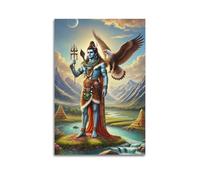 Poster Unframe Canvas Wall Art Prints for Home Decor - Hinduism Poster Majestic Shiva Standing by A River, with An Eagle And Mountain Temples in The Background 12x18inch(30x45cm) Picture Unframe Artwo