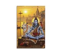Poster Unframe Canvas Wall Art Prints for Home Decor - Hinduism Poster Shiva And Nandi by The River at Sunset, with Temple Silhouettes in The Background 16x24inch(40x60cm) Picture Unframe Artwork