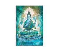 Poster Unframe Canvas Wall Art Prints for Kitchen Decor - Buddhist Posters Turquoise Buddha in Serene Pose with Mystical Elements in Greenish Blue Background 20x30inch(50x75cm) Picture Unframe Artwor